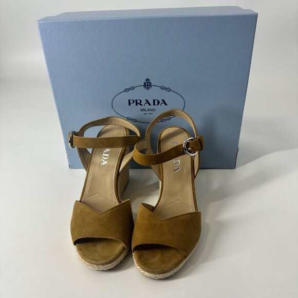 Prada Womens Espadrille Wedge Sandals Camel Suede Size 36.5 With Box - Picture 1 of 14